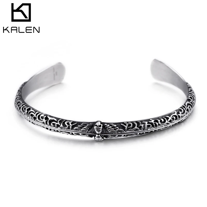 

KALEN New Arrival Stainless Steel Bangles For Men Inner Size 57mm Skull Charm Open Cuff Bangles Hip Hop Jewelry Accessory