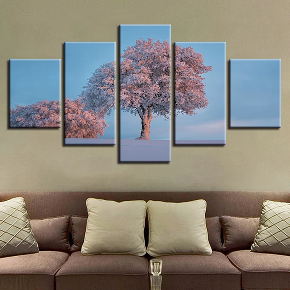 

Modern Home Wall Decoration Printing Modular Poster Pictures Frame 5 Pieces Tree And Snow Natural Scenery HD Canvas Painting Art