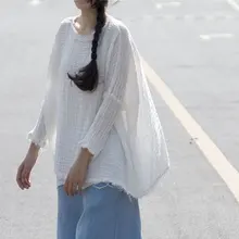 Лето расчесывание натуральный хлопок Чистая Пряжа текстуру кожи ультратонкие край волос футболка Для женщин свободная рубашка с длинными рукавами D936