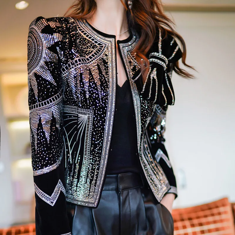 Runway Classic Design High Quality Luxury European Women Slim Black Blazers High Street Lady Stars Sequined Blazer Coat SY033