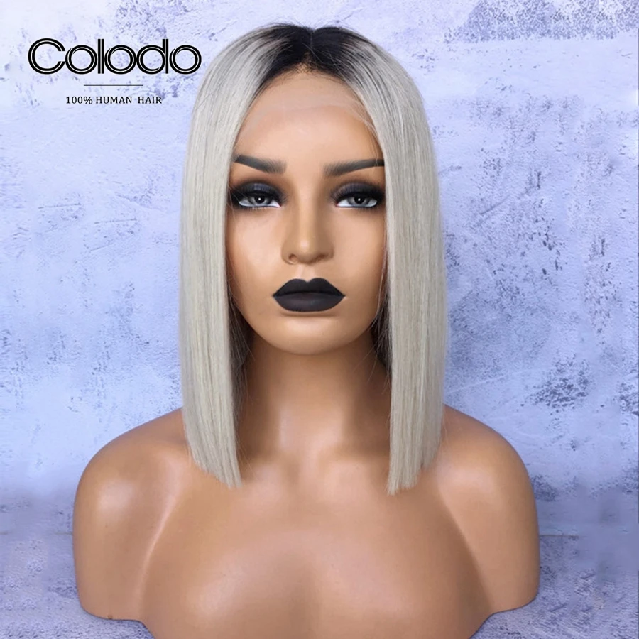 COLODO Ombre Platinum Blonde remy волосы на кружеве парик 1" серые прямые человеческие волосы парики 13x4 предварительно сорванные Бразильские короткие парики