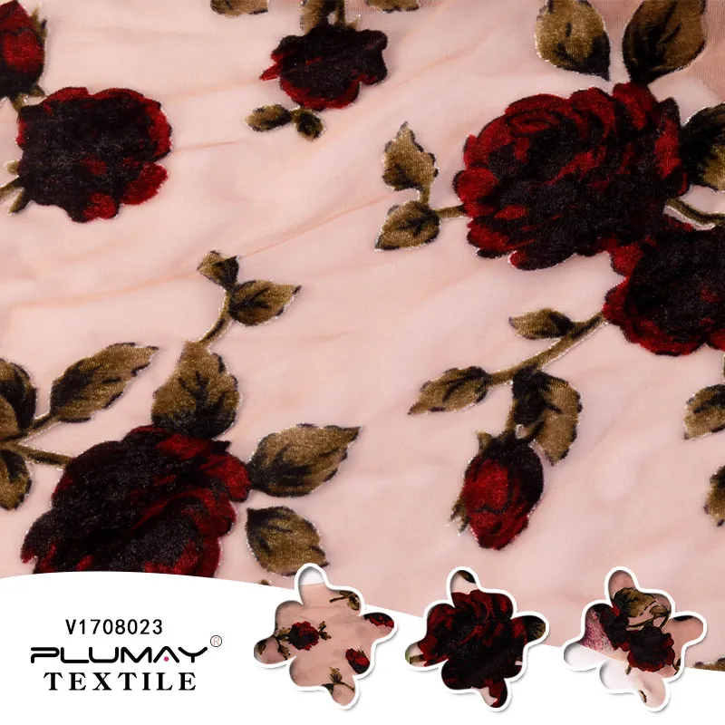 

Wholesale 20%nylon 80%rayon flower design printed korea velvet burnout fabric for dress by half(1/2) yard
