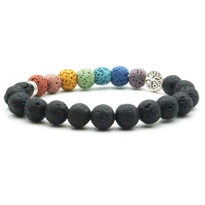 Tree of Life 8mm Colorful Seven Chakras Black Lava Stone Bracelet DIY Aromatherapy Essential Oil Diffuser Bracelet Yoga Jewelry