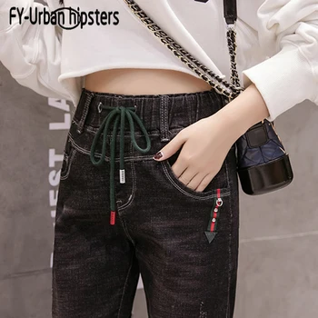 

womens elastic waist jeans lace up pants woman high waist denim pencil jeans ripped Thick winter plus size velvet jeans stretch