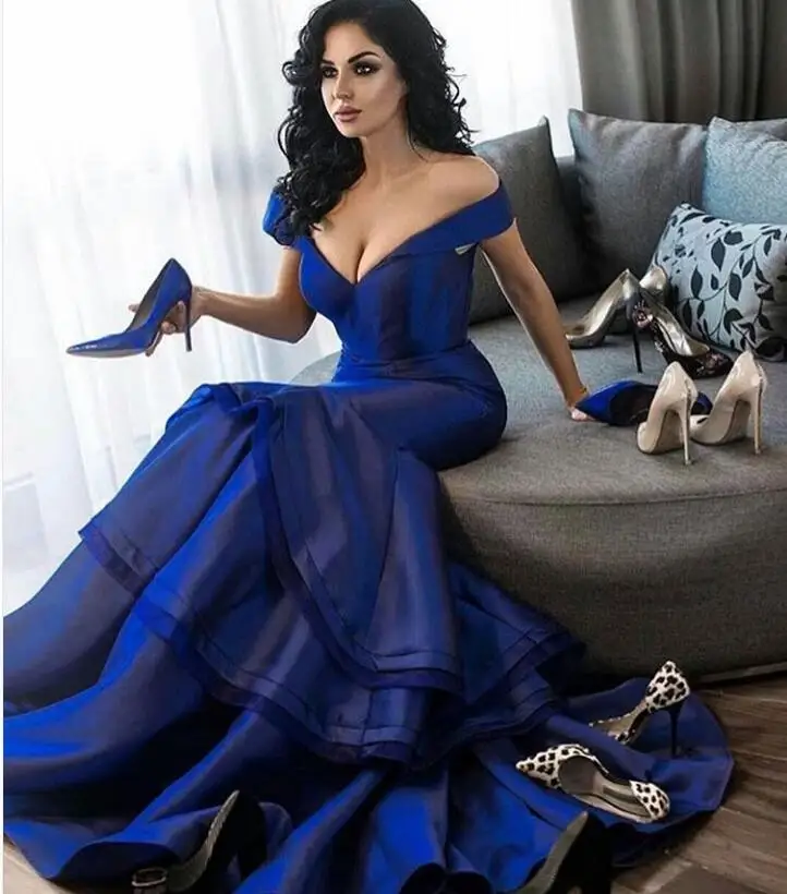 

Sexy Royal Blue Taffeta Long Mermaid evening dresses Abendkleider Fashion Deep V-neck Plus Size Lace Up Formal Dresses Ruffles
