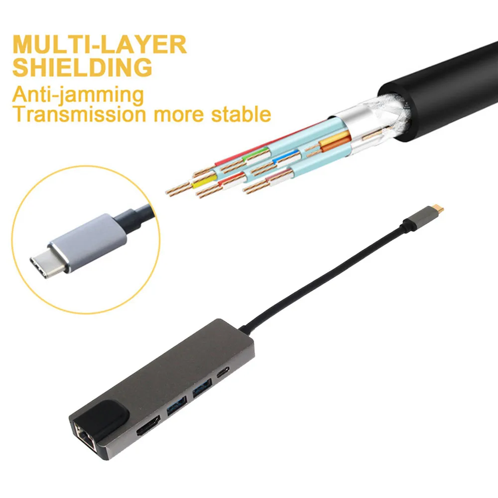 USB Hubs Type C Computer Peripherals 5 in 1 USB 3.1 Type C Hub 4K Hdmi USB 3.0 to Rj45 Lan Adapter Charger for Macbook #10