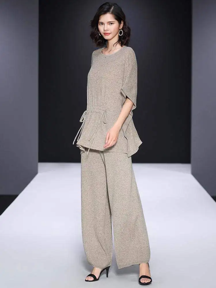 

Women's Spring Autumn Sets Sold Loose Knit Wide-leg Pants Suit New OLTwo Pieces Batwing Sleeve Sweater Knitted Wide Leg Pants