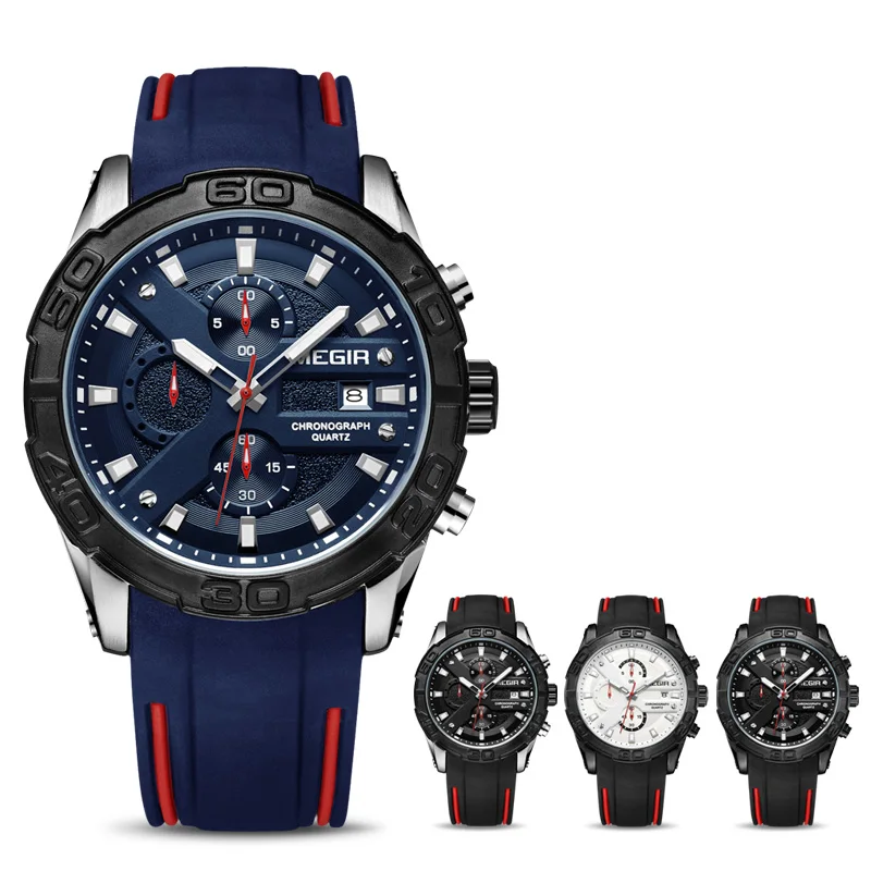 MEGIR Men Watches Analog Quartz Wristwatch Waterproof Sport Chronograph Silicone Military Watch Men