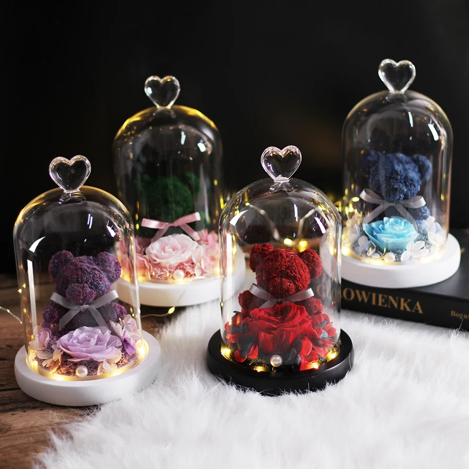 

Eternal Preserved Rose Lovely Teddy Bear Molding Led Light In A Flask Immortal Rose Valentine's Day Announcement Christmas Gift