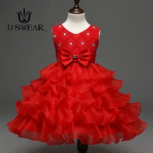 U-SWEAR, Новое поступление года, шикарные детские Платья с цветочным узором для девочек, украшенные цветами и кристаллами бальное платье из мягкой сетки с оборками и бантом, Vestido
