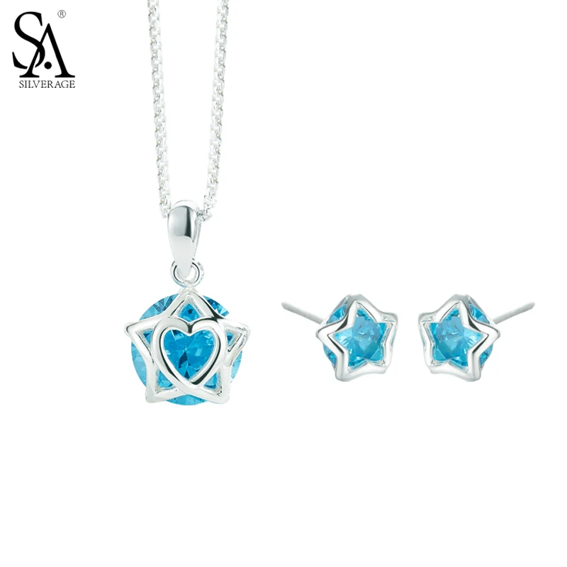 SA SILVERAGE Real 925 Sterling Silver Star Jewelry Sets Stud Earrings Pendant Necklaces Fine Jewelry Women Blue 2017 Hot Sale SA SILVERAGE Real 925 Sterling Silver Star Jewelry Sets Stud Earrings Pendant Necklaces Fine Jewelry Women Blue 2017 Hot Sale