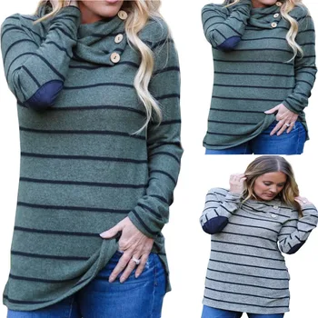 

Women Stripe Hoodie printed irregular Turtleneck button long sleeve sweatshirt Autumn Buttons Jumper Pullover Tops plus size 4XL