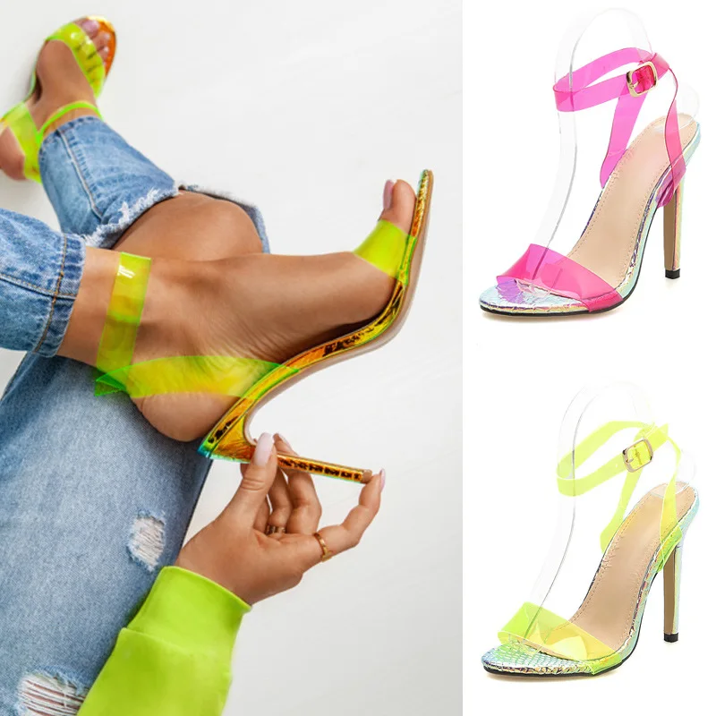 

Lady European Candy 11cm Pinkycolor High Heel Sandals Shoes Women Sexy Party Sandals Fluorescent Candy Snake High-heeled Sandals