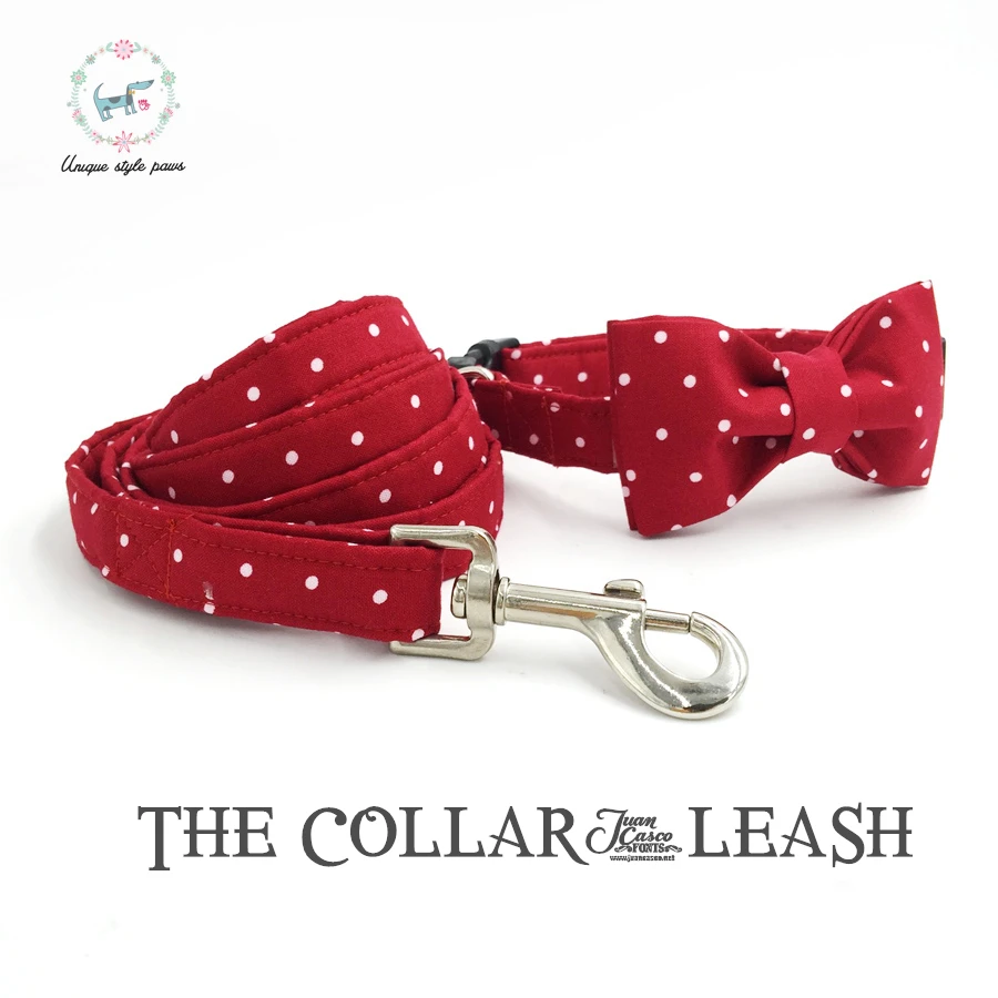 

red dot dog collar and lead set with bow tie personal custom adjustable pet pupply100% cotton dog &cat necklace and dog leash