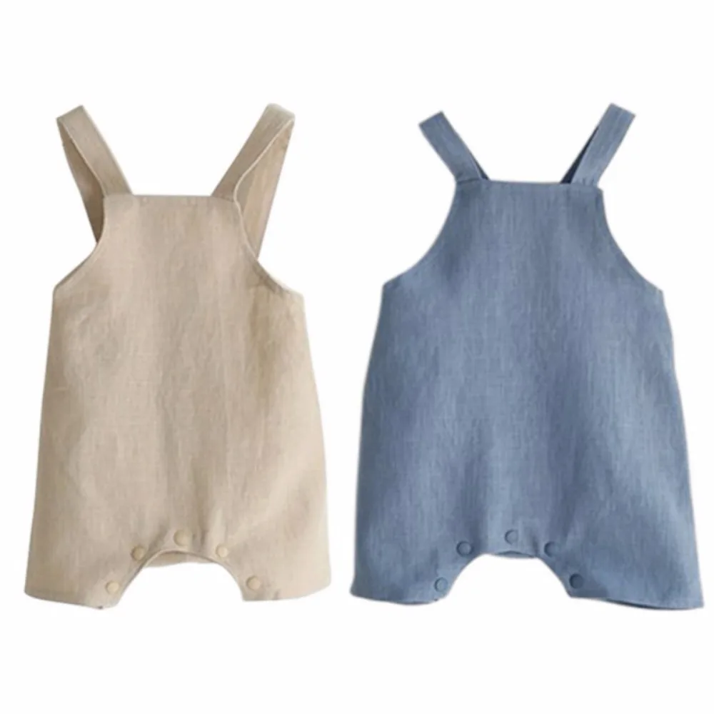 

Summer Cotton Linen Baby Girl Romper Solid Color Suspender Overalls Infant Boy Jumpsuit Baby Clothes