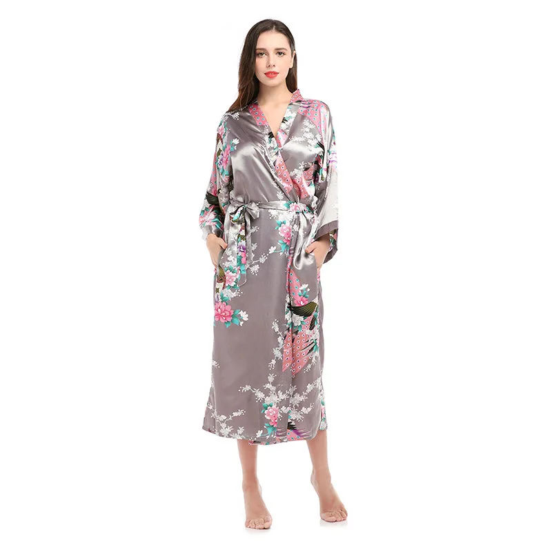 

Elegant Women Loose Size Sleepwear Exquisite Print Flower Bathrobe Gown Spring And Summer New Half Sleeve Long Home Clothes