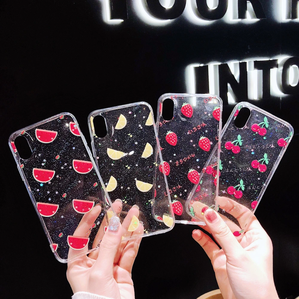 

Bling Glitter Shining Fruit Cherry Lemon Watermelon Strawberry Case For iPhone 8 7 6 6S Plus X Xs Max Xr Clear Soft TPU Cases