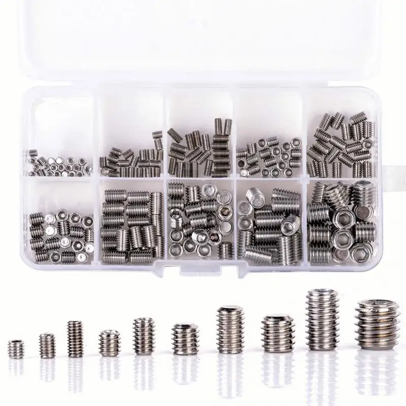 

200pcs/box Stainless Steel Allen Head Socket Hex Set Grub Screw Assortment Kit M3-M8 M3*3, M3*4, M3*6, M4*4, M4*6, M6*6, M8*8
