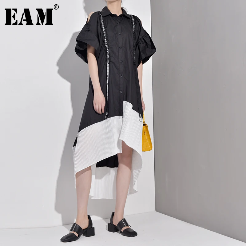 

[EAM] 2019 New Spring Summer Lapel Half Sleeve Hit Color Pleated Irregular Loose Big Size Shirt Dress Women Fashion Tide JX014