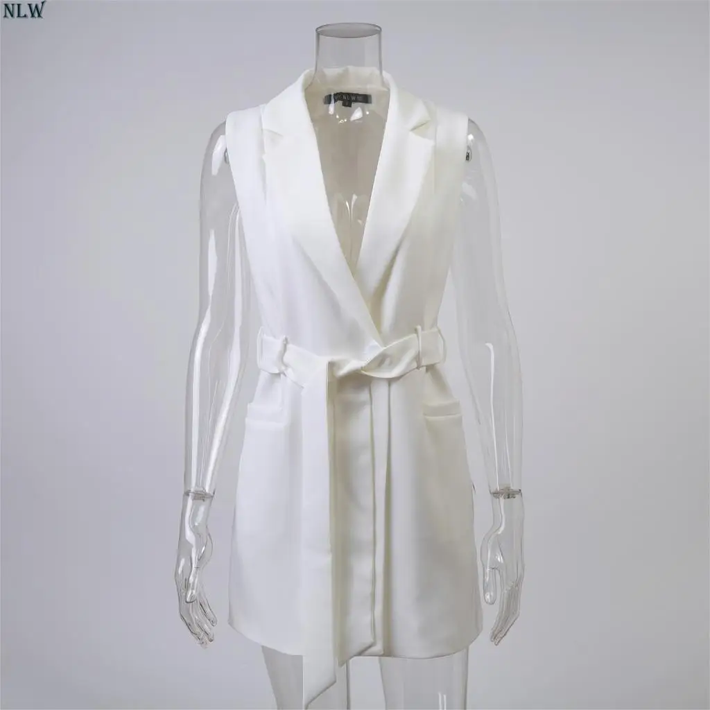 NLW White Black Long Vest Blazer Women Notched Sleeveless