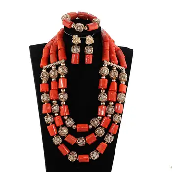 

Quality Big Real Coarl Beads Costume Necklace Set Dubai Gold Statement African Wedding Jewelry Set Coral Beads Bride Gift CNR391