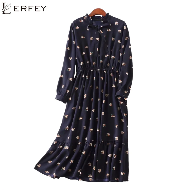 

LERFEY Women Plus Size Dress Floral Print Long Sleeve Casual Chiffon Autumn Dresses Vintage Ruffles Pleated Bow Dress Vestidos