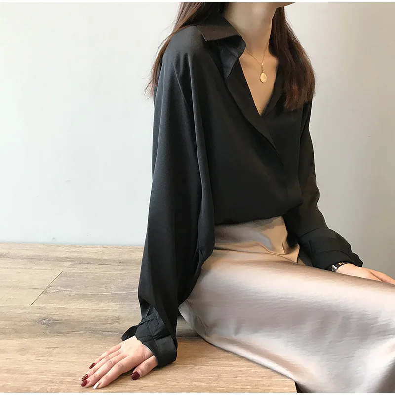 Женская рубашка с длинным рукавом и отложным воротником, однотонная черная винтажная Корейская женская блузка, осень, модные офисные женские топы