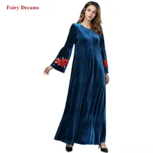 Бархатное мусульманское платье голубого цвета Abayas Дубай цветы вышивка женские макси платья Мода Турецкий халат размера плюс мусульманская одежда 4XL