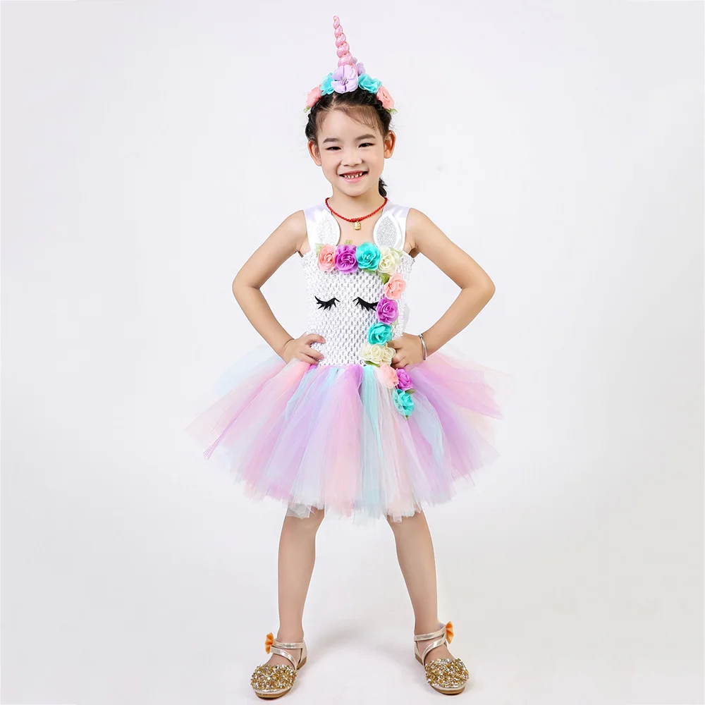 Pastel Clothes Knee Length Flower Children Girls Unicorn Tutu Dress Rainbow Princess Sleeveless Little Kids Pony Dress Vestido 8 (14)