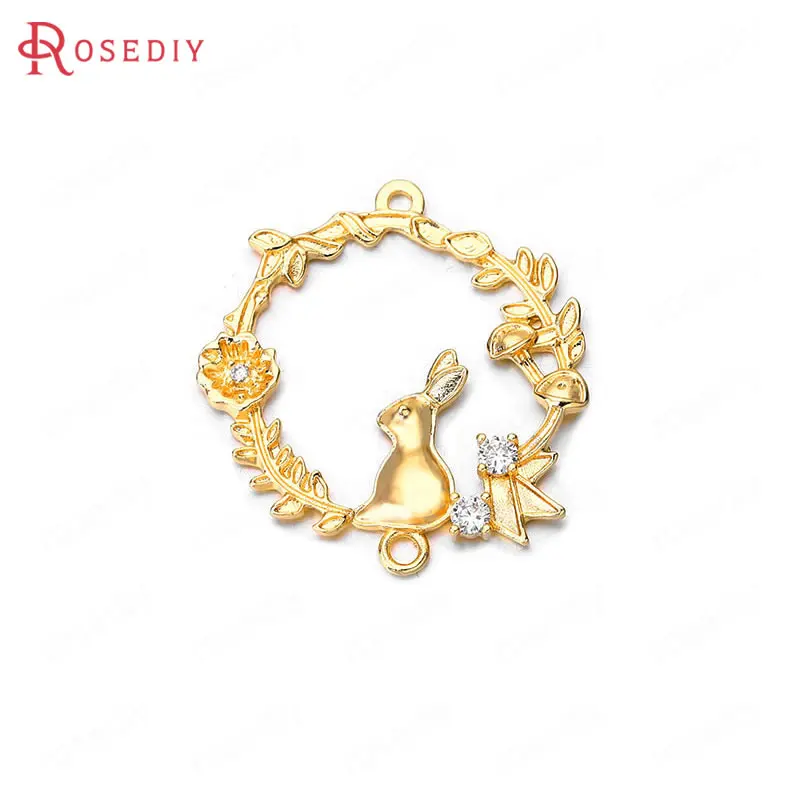

(35809)4PCS 30x32MM 24K Gold Color Brass and Zircon with Rabbit and Flower Circle Charms Pendants High Quality Jewelry Findings