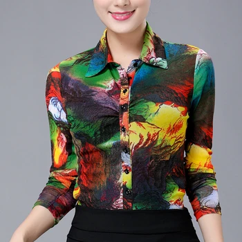 

Spring Fall Casual Woman Female Colored Painted Mesh Long Sleeve Stretch Blouse , Floral 3XL 4XL Pattern Blouses For Women