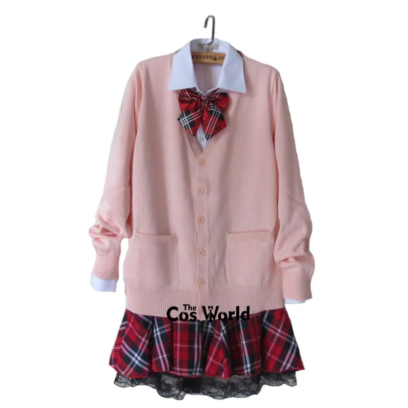 preppy-style-student-class-japan-jk-high-school-uniform-winter-pink-v-neck-cardigan-red-plaid-skirt-white-shirt-suits