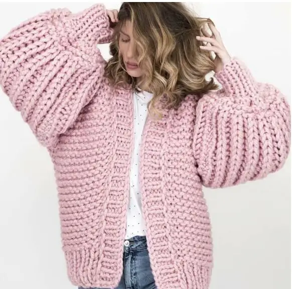 Розовый грубый вязаный женский свитер зимний модный кардиган с рукавами-фонариками женский корейский свитер пальто
