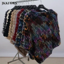 Женское Вязаное пончо с натуральным кроличьим мехом, Модная стильная зимняя Осенняя теплая меховая шаль, Женская качественная накидка S1071S