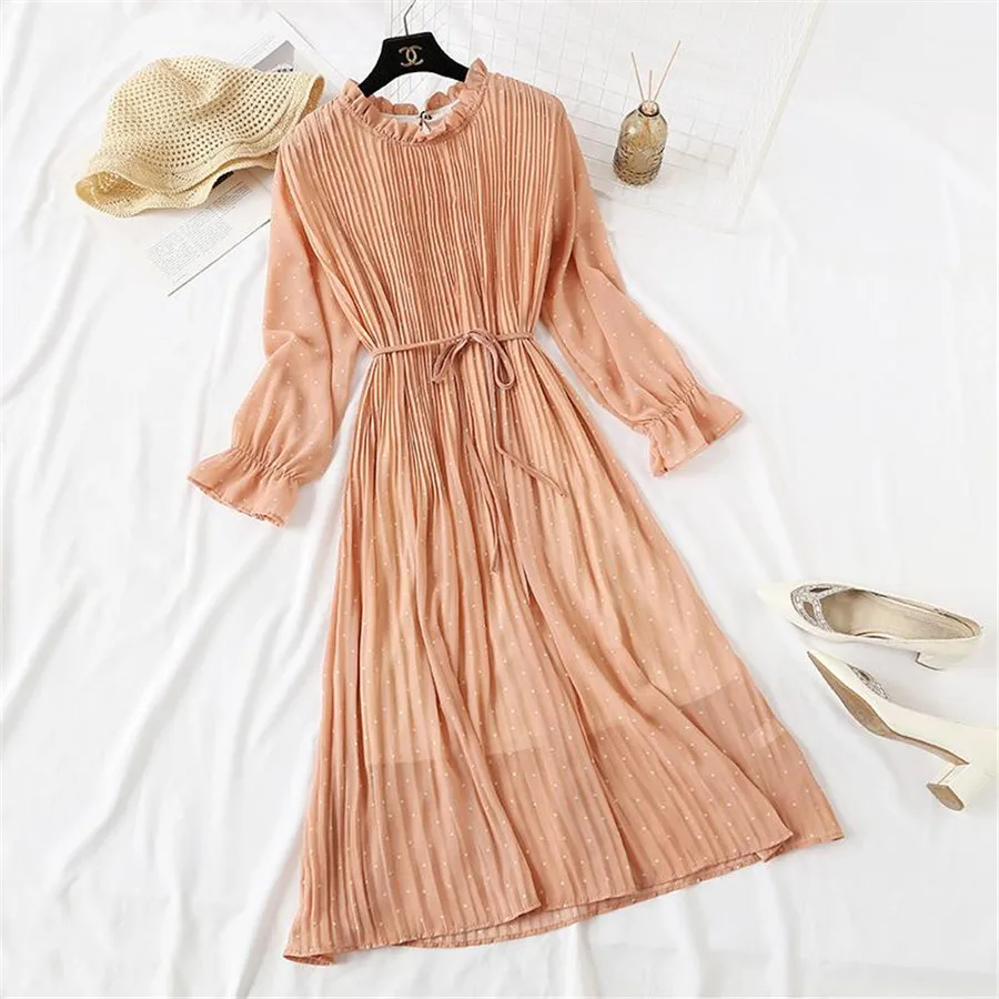 

Women Print Pleated Chiffon Dress 2019 Spring Summer New Hot Fashion Female Casual Flare Sleeve Lotus leaf neck Basic Dresses