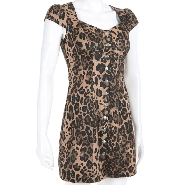 Vintage Button Leopard Print Dress Women Short Sleeve A Line Fahsion ...