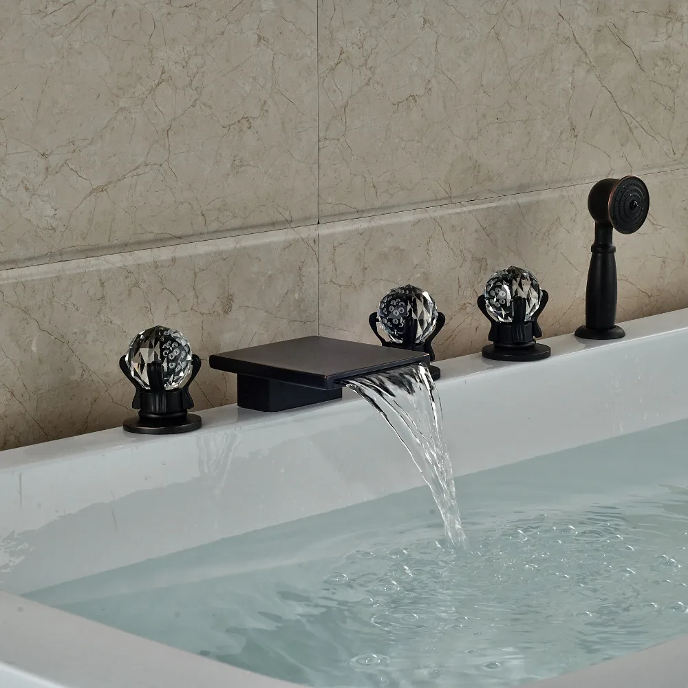 Buy Modern Square Waterfall Spout Bathroom Tub Faucet Crystal Handles W/ Hand