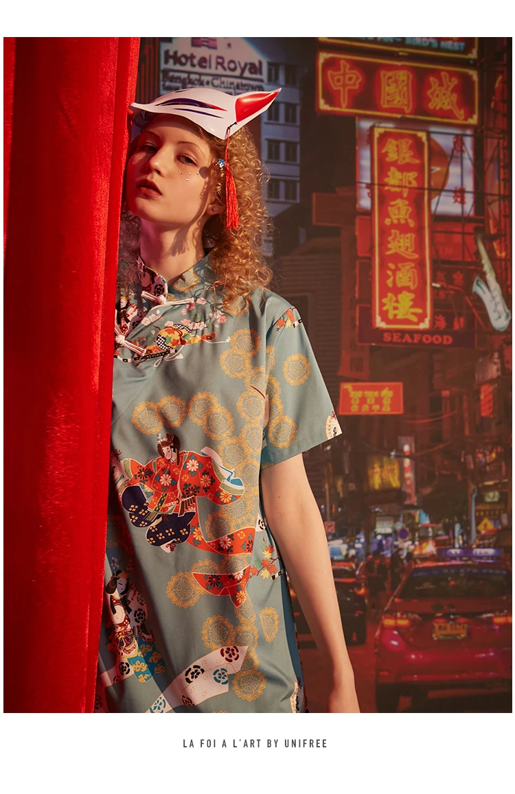UNIFREE/платье Чонсам в китайском стиле; летнее платье в стиле ретро для девочек; Новинка года; воротник с рукавами; U192I050EE