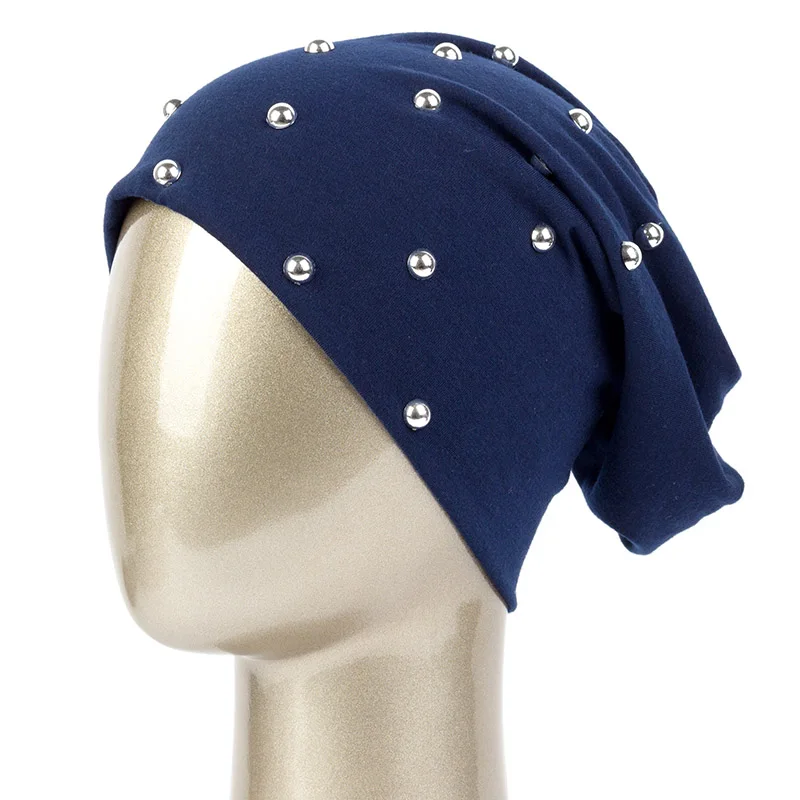 Geebro, серебряные, жемчужные шапки для женщин, ручная работа, модные, повседневные, однотонные кепки, шапочки для девочек, дамские хлопковые шапочки Skullies DZ912 - Цвет: Navy