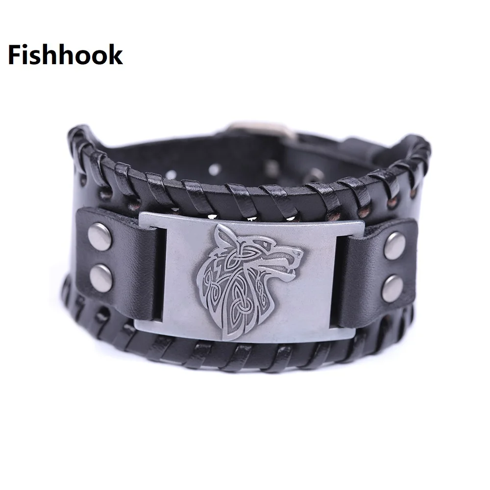 

Fishhook Blind Dropshipping Large Stock Wolf Talisman Wide Black Genuine Leather Talisman black/brown Men Bracelet