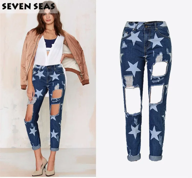 

Stars Print Boyfriend Ripped Jeans Women Plus Size Baggy Distressed High Waist Jeans Femme with Hole Loose Denim Pants