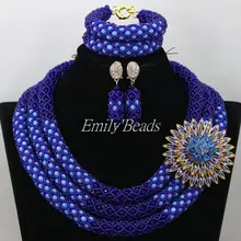 Нежный 3 слоя синий нигерийский Свадебный Африканский бисер комплект ювелирных изделий бисер из дубайского кристалла свадебный комплект ювелирных изделий AIJ986