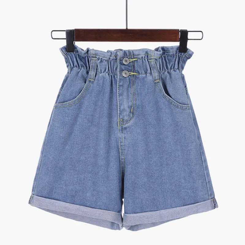 S-5XL Korean Women's Shorts Plus Size Elastic High Waist Denim Shorts Women Loose Crimping Jean Shorts Summer Short Pants Women - Color: Blue