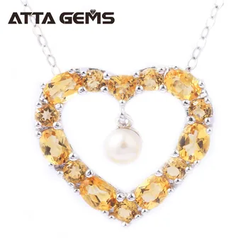 

Natural Citrine Sterling Silver Pendants Hearts Shape Natural Semi-precisous Stone Crystal Romantic Lovely Style Women Wedding
