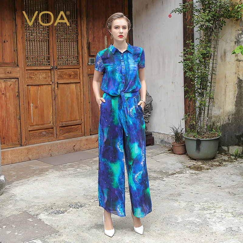 

VOA blue cyan silk suit fake two piece pants summer fashion loose paisley plus size short sleeve trousers K7051