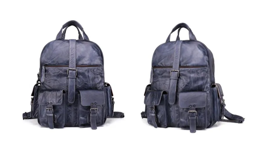 Farbe: Blau. Anzeige des Woosir-Rucksacks aus echtem Vintage-Leder