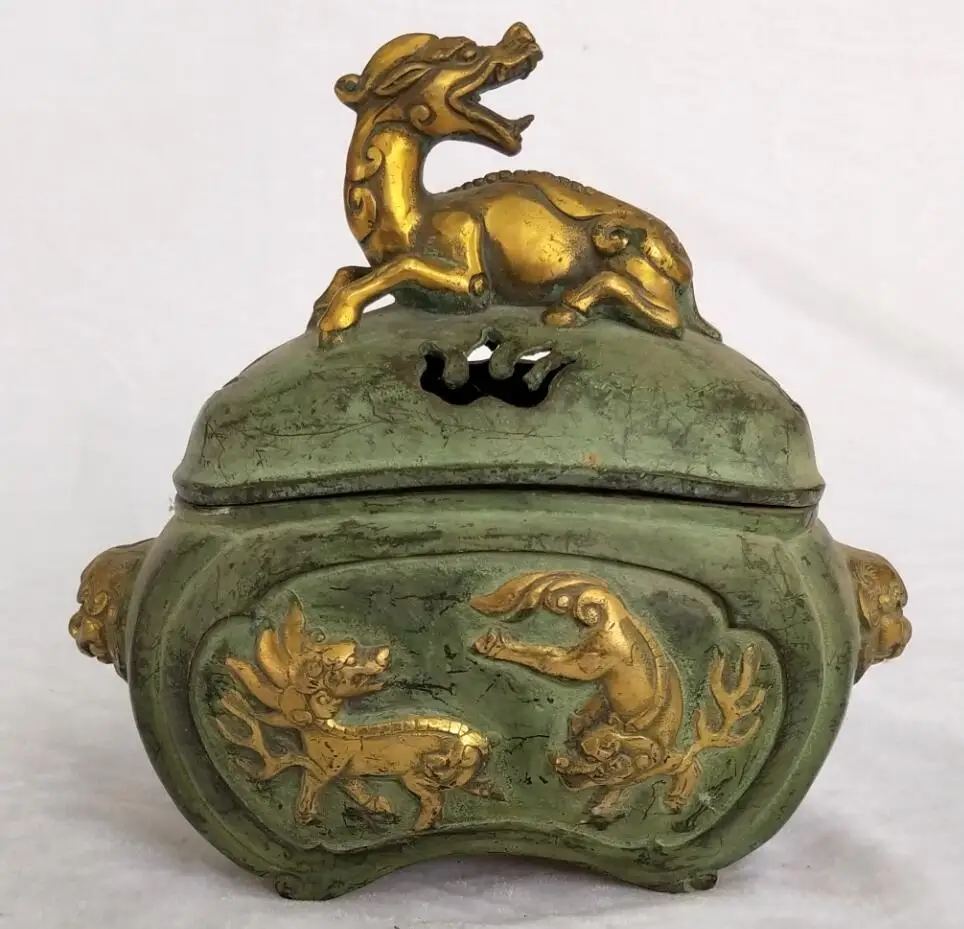 

Only 1 piece !!! Collection chinese old bronze gilt carved 3 Kirin Incense Burner Home art decoration Antique censer