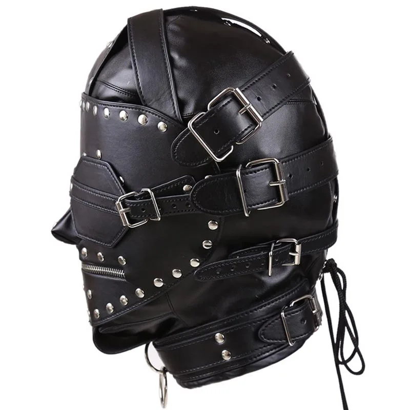 Курчавые металлические шпильки отделка Фетиш связывание кожа капот маска на голову рабыня обучение молния полная голова жгут костюм