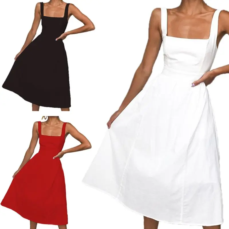 

Fashion Women Ladies Casual Holiday Dress Strappy Sleeveless Female Summer Beach Swing Midi Dress Sundress 3 Colors New 2019