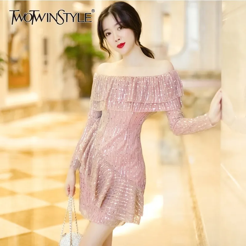 TWOTWINSTYLE Sequins Off Shoulder Sexy Dresses Women Long Sleeve Patchwork Ruffle Mini Party Dress Female Autumn 2018 Fashion | Женская